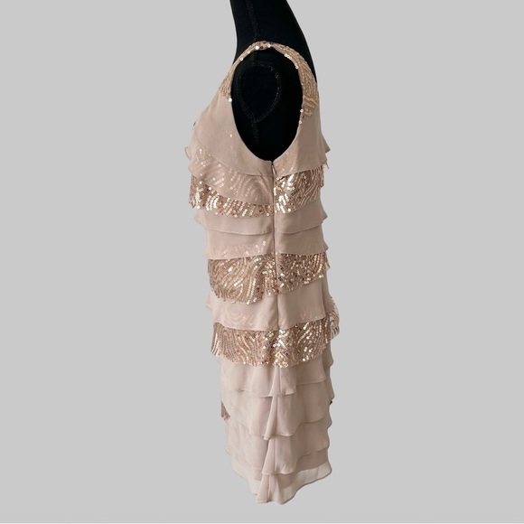 Laura CHAMPAGNE Sequins Ruffled Stretch Shift Evening Dress - Picture 2 of 12